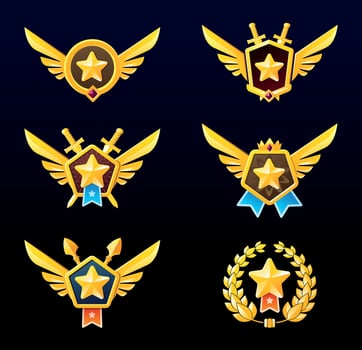 A set of different award badges with a star in a circle and wings on the sides on a dark background. Game medals for achievements vector