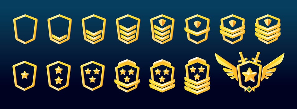 Military game rank badges with stars, chevrons, wings. Illustration of silver metal pentagonal medals with pentagonal insignia. Gui progress symbol. Achievement award. vector