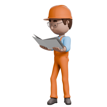 A 3D-rendered electrician in orange uniform reading a manual or schematic, concentrating on understanding the electrical diagram. png