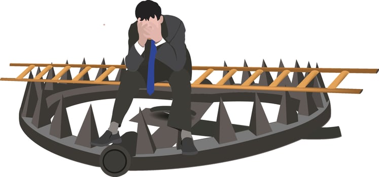 Businessman sitting on a bear trap thinking about a solution with a ladder nearby vector
