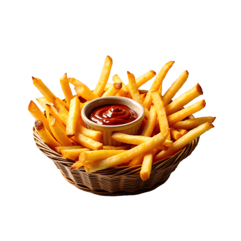 french fries in a basket with ketchup png