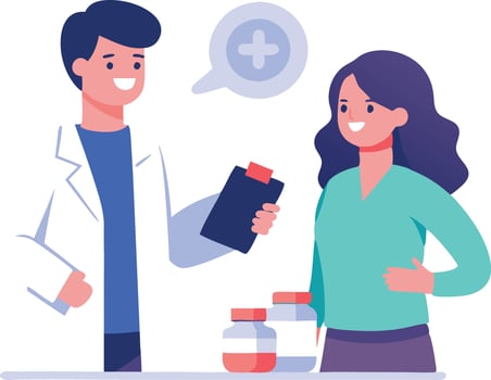 Pharmacist consulting with a happy patient about medication and health in a modern healthcare setting vector