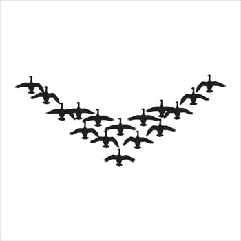 Silhouette of Geese Flying in a V Formation Against White Sky vector
