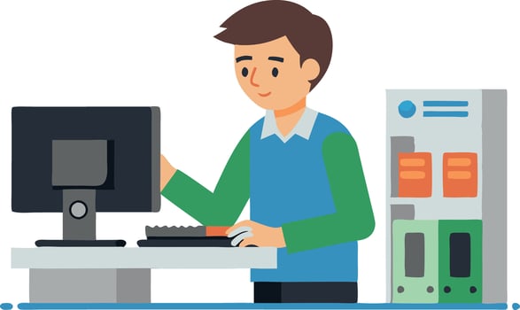 Illustration of a man working on a computer in an office setting with file cabinets vector
