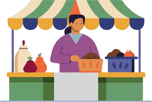 Illustration of a market vendor at a colorful fruit and vegetable stand vector