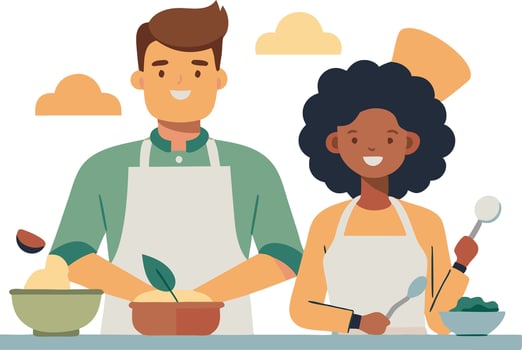 Illustration of two happy chefs preparing food together vector