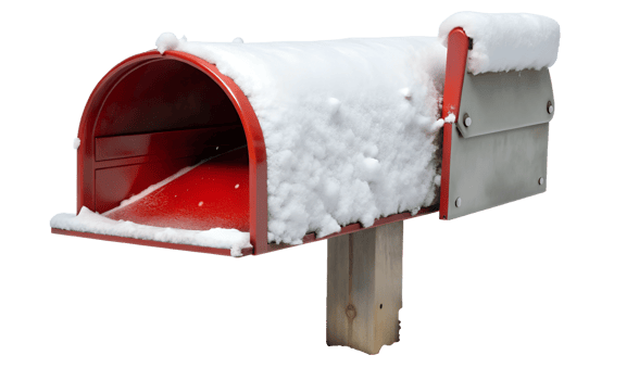 Snow-covered mailbox standing alone in winter, cut out transparent png