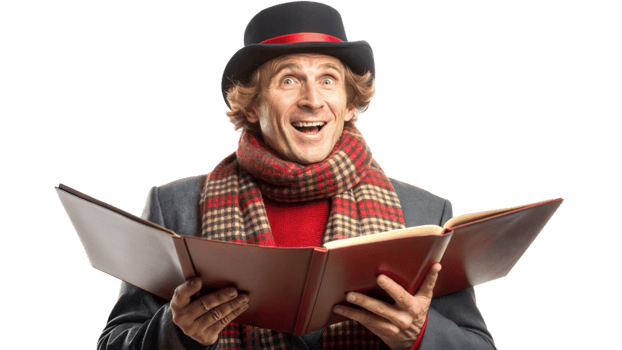 Joyful performer singing with open book in studio, cut out transparent png