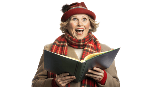 Excited woman reading indoors, cut out transparent png