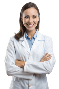 Smiling healthcare professional in a white coat, cut out transparent png