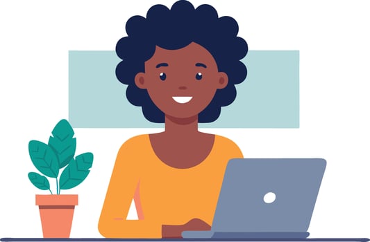 Smiling woman working on laptop at desk with plant, illustration vector