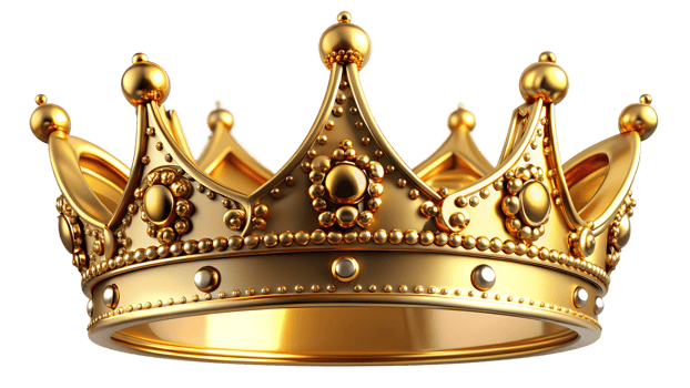 Shiny golden crown with intricate design details, cut out transparent png