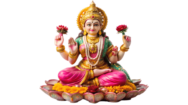 Lakshmi on lotus, flowers in hand, cut out transparent png