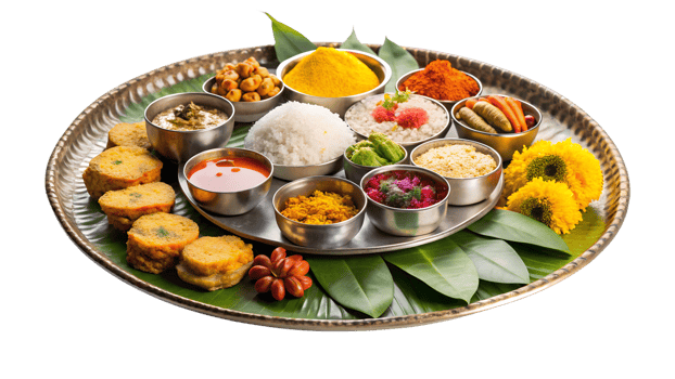 South Indian meal on banana leaves, cut out transparent png