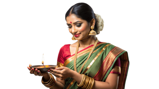 Young woman with an oil lamp at festival, cut out transparent png