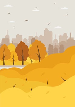 Autumn city park scene illustration. Parkland trail with trees and bushes with falling leaves. Cityscape vector