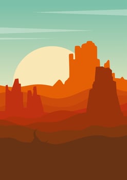 american valley illustration. Rocky Desert morning landscape art. Sunset in Arizona vector