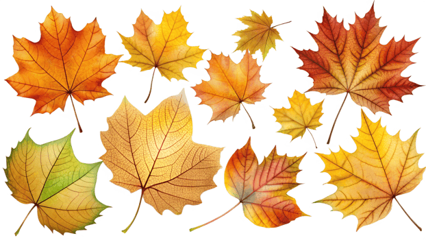 Colorful autumn leaves in various shapes and sizes, cut out transparent png