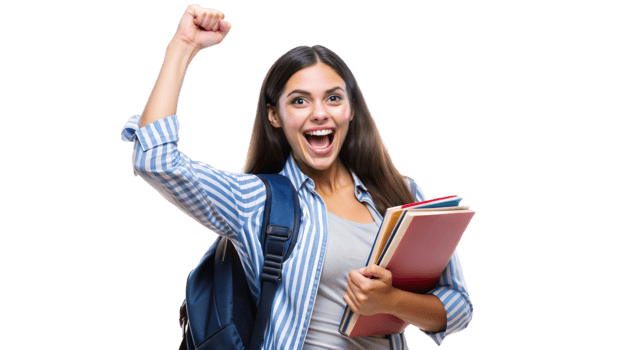 Student celebrates academic achievement with books, cut out transparent png