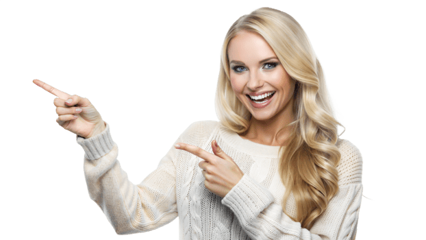 Joyful young woman pointing indoors, cut out transparent png