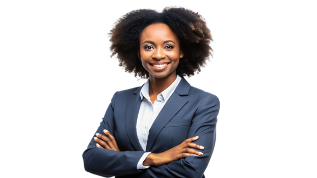 Confident woman in business attire smiling proudly, cut out transparent png