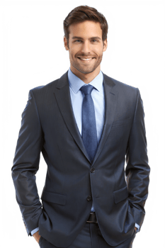 Confident man in a suit smiling indoors, cut out transparent png