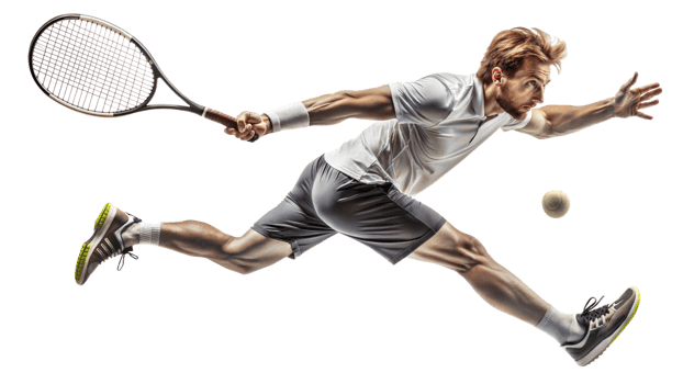 Athlete lunges to hit tennis ball during match, cut out transparent png