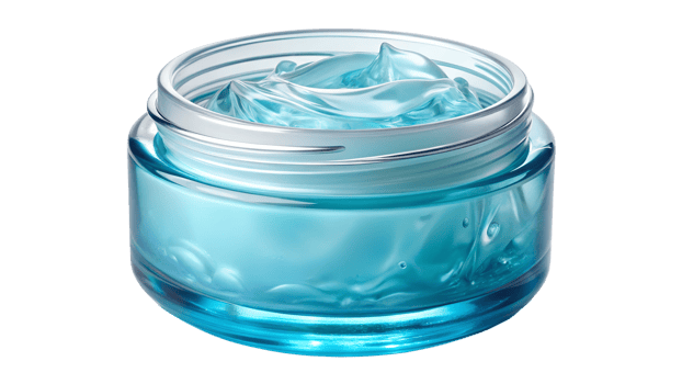Gel cream in clear jar on white surface, cut out transparent png