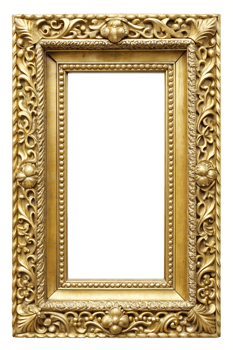 Ornate gold frame for artwork display, cut out transparent png