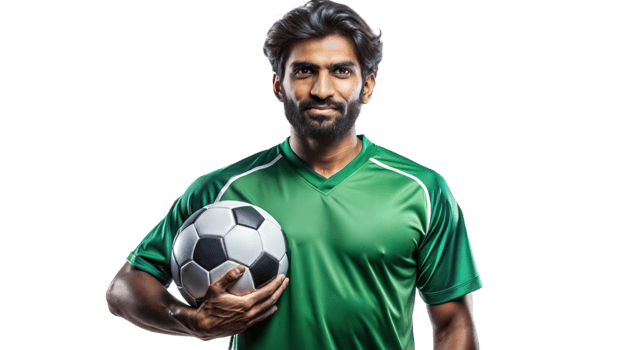 Soccer player holding a ball in a green jersey, cut out transparent png