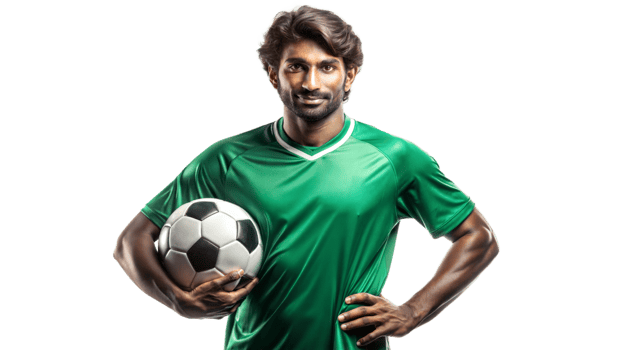 Athlete in green jersey with soccer ball, cut out transparent png