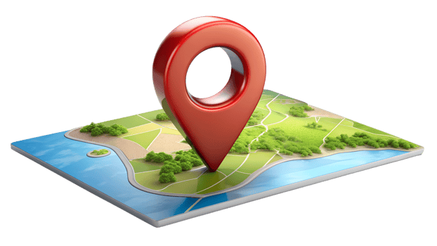 3D map pin locator overlaid on a green landscape, cut out transparent png