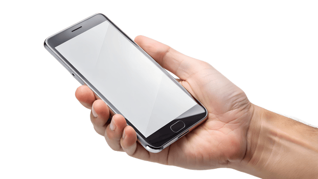 Hand holding a smartphone with a blank screen, cut out transparent png