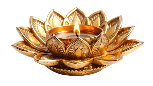 Elegant golden lotus candle holder with lit candle, cut out transparent png