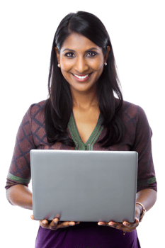 Smiling woman in office with laptop, cut out transparent png