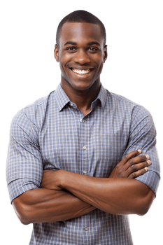 Smiling man in gray shirt, arms crossed, cut out transparent png
