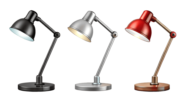 Stylish desk lamps in various colors and finishes, cut out transparent png