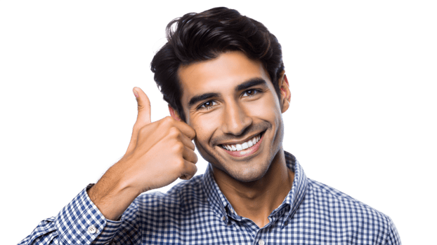 Young man smiling and giving a thumbs up indoors, cut out transparent png