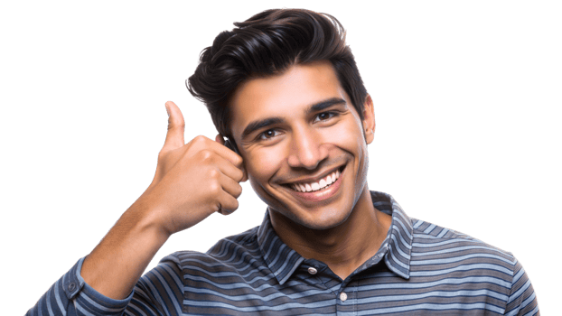 Young man smiling and giving a thumbs up indoors, cut out transparent png