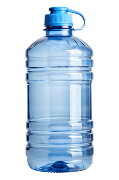 Blue plastic water bottle on white, cut out transparent png