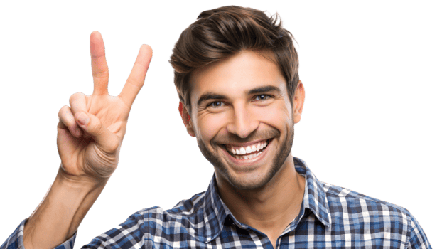 Young man smiling and making peace sign indoors, cut out transparent png