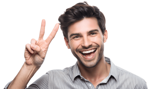 Happy young man showing peace sign indoors, cut out transparent png