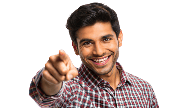 Man in casual clothes pointing at camera, cut out transparent png