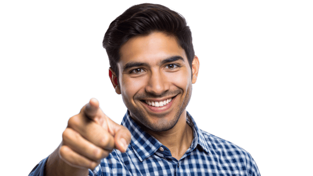 Smiling man pointing confidently at the viewer, cut out transparent png