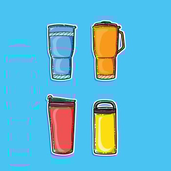 tumbler pack set sticker style illustration design isolated in a blue background, travel thermo mugs, a travel thermos vector