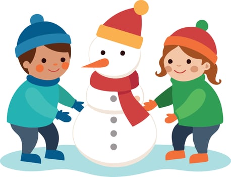 Children building a snowman together during winter season in an illustration vector