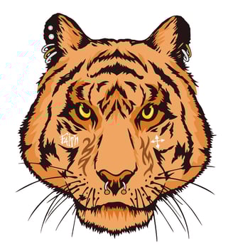 Illustration of a stylish tiger face with tattoos and piercings. vector