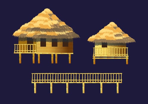 Bungalows and buildings made of bamboo set vector