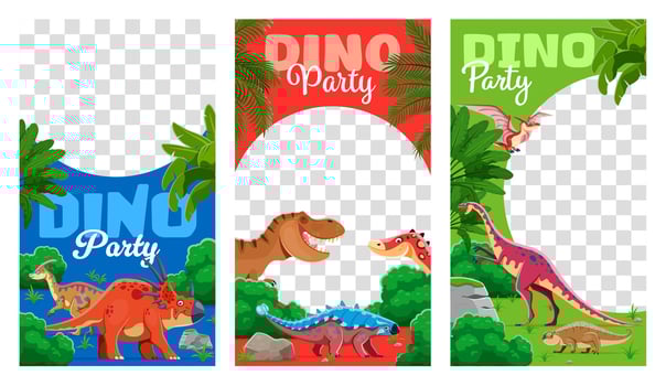 Kids party social media templates, funny dinosaurs vector