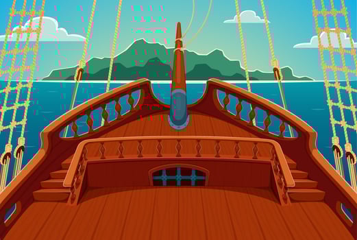 Pirate ship deck with rope ladders and railings vector